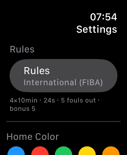 Basket Watch settings on Apple Watch — Rules preset set to International (FIBA), 4×10min, 24s, 5 fouls out, bonus 5