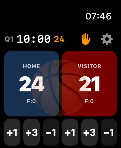 Basket Watch scoreboard — Home 24, Visitor 21, Q1 10:00 with a 24s shot clock and +1/+3 buttons