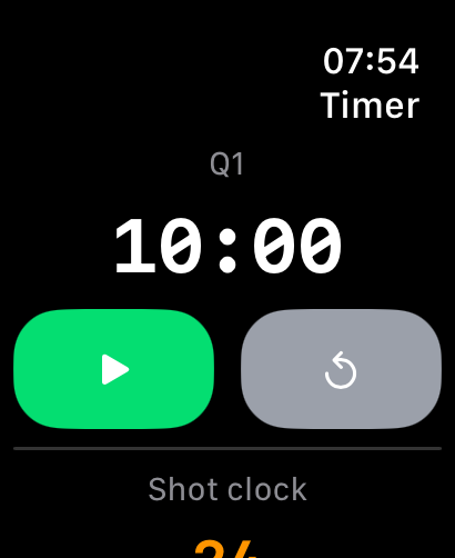 Basket Watch timer — Q1 10:00 game clock with a shot clock below