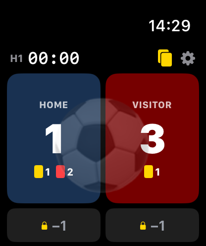 Football Watch scoreboard on Apple Watch — Home 1, Visitor 3, with yellow and red card counts per team