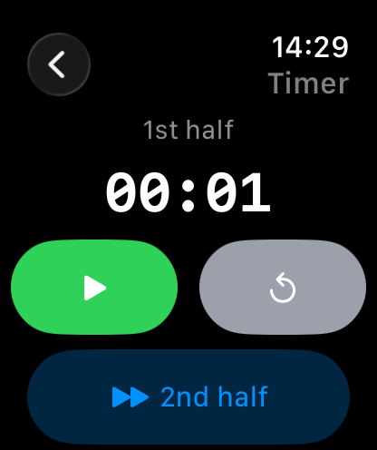 Football Watch timer — 1st half running with a jump to the 2nd half