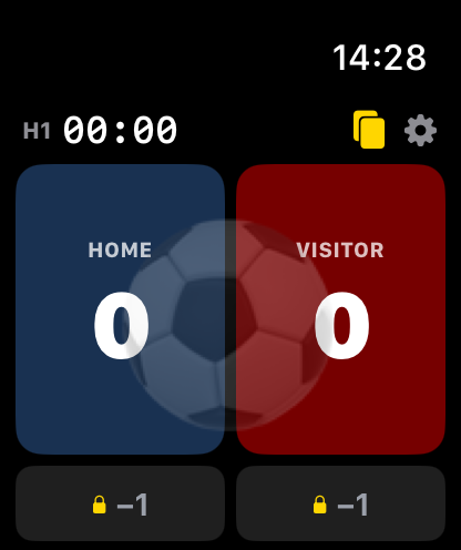 Football Watch kick-off scoreboard — Home 0, Visitor 0, 1st half 00:00