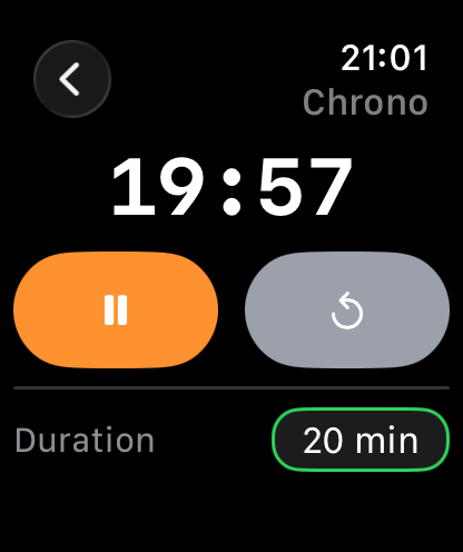 Hockey Watch countdown chrono at 19:57 with a 20-minute period duration