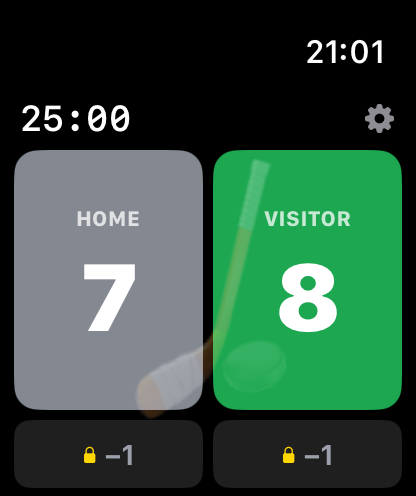 Hockey Watch home scoreboard on Apple Watch — Home 7, Visitor 8 with a 25:00 countdown