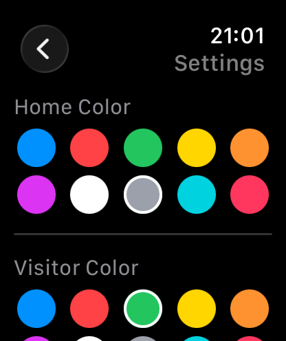 Hockey Watch settings — pick home and visitor colours