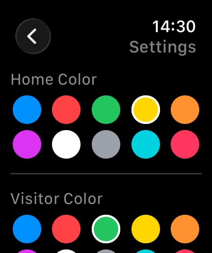 Settings screen on Apple Watch — choose home and visitor colours